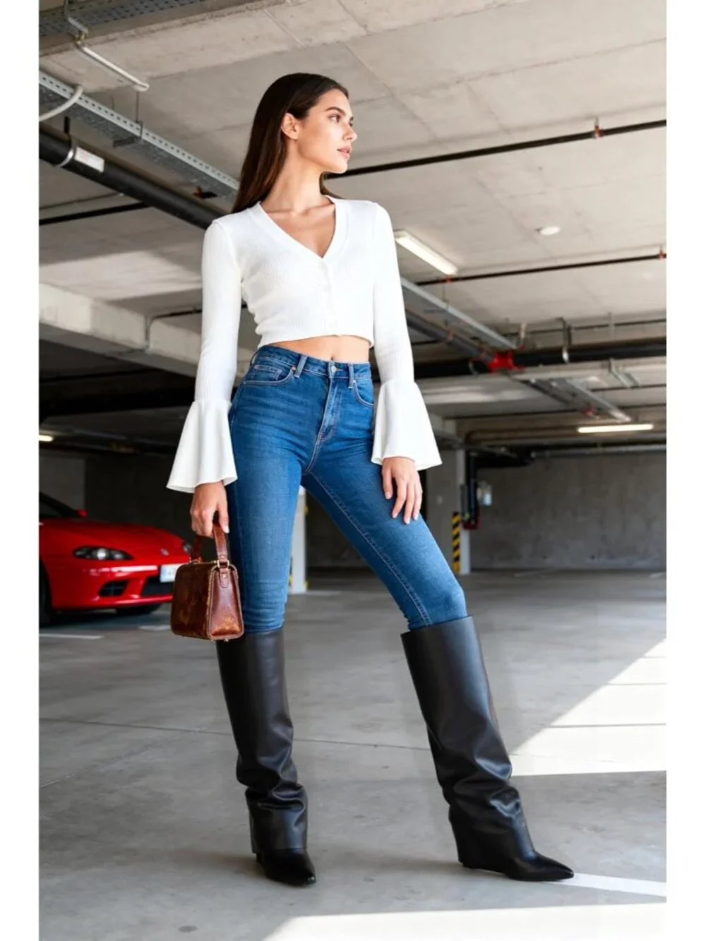 Women's Black Faux Leather Fold Over Wedge Heel Side Zipper Shark Tall Boots